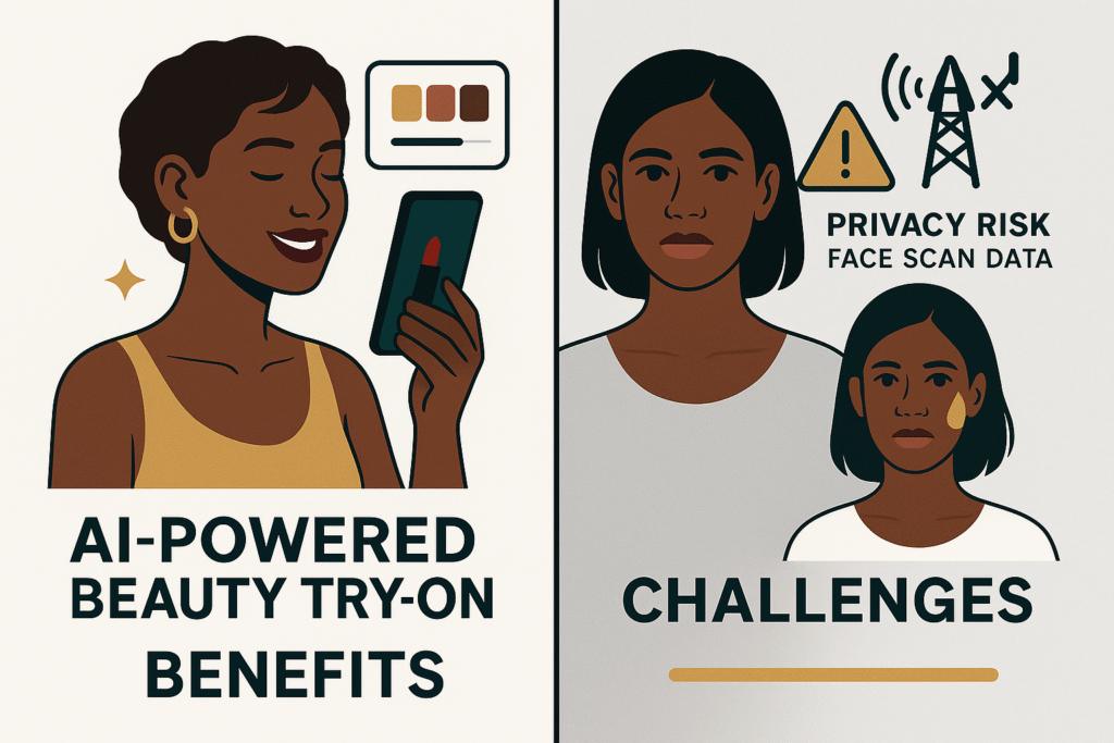 nfographic highlighting challenges in AI-powered beauty tech: algorithmic bias, privacy, and connectivity gaps.