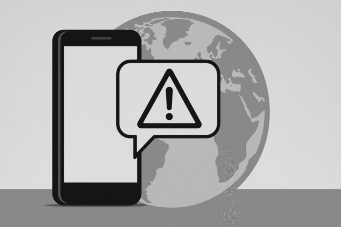 Smartphone chat bubble morphing into a caution triangle over a globe silhouette; high-contrast, no logos.