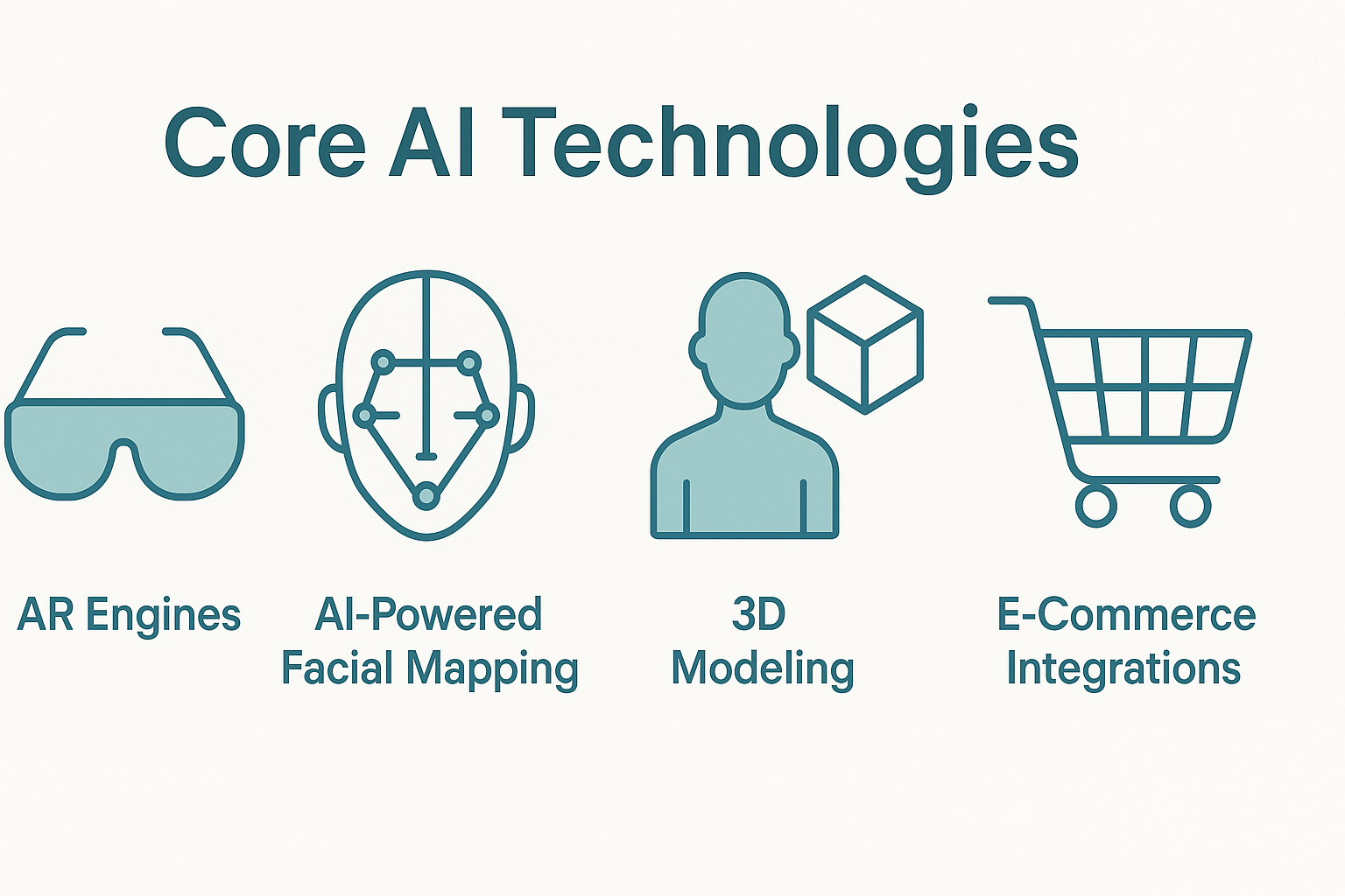 Infographic illustrating technologies behind AI-powered virtual try-on: AR engines, face mapping, 3D modeling, and integrations.