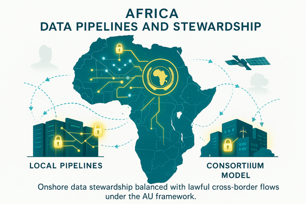 Infographic of data pipelines across Africa with lock icons and AU flag overlay.