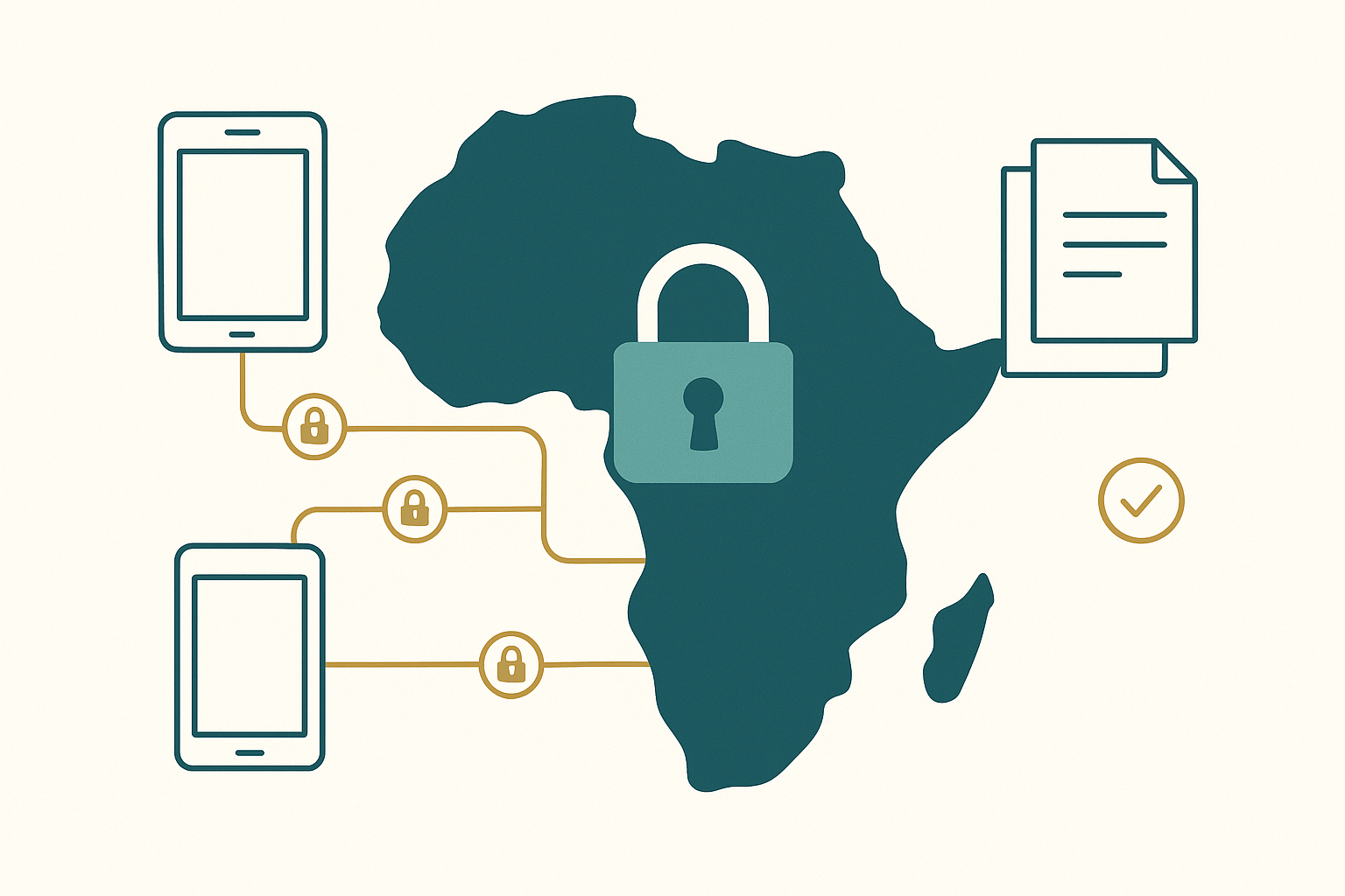“Stylized classroom data flows from tablets and phones through lock icons into a secure vault shaped like Africa, with policy scrolls and checkmarks