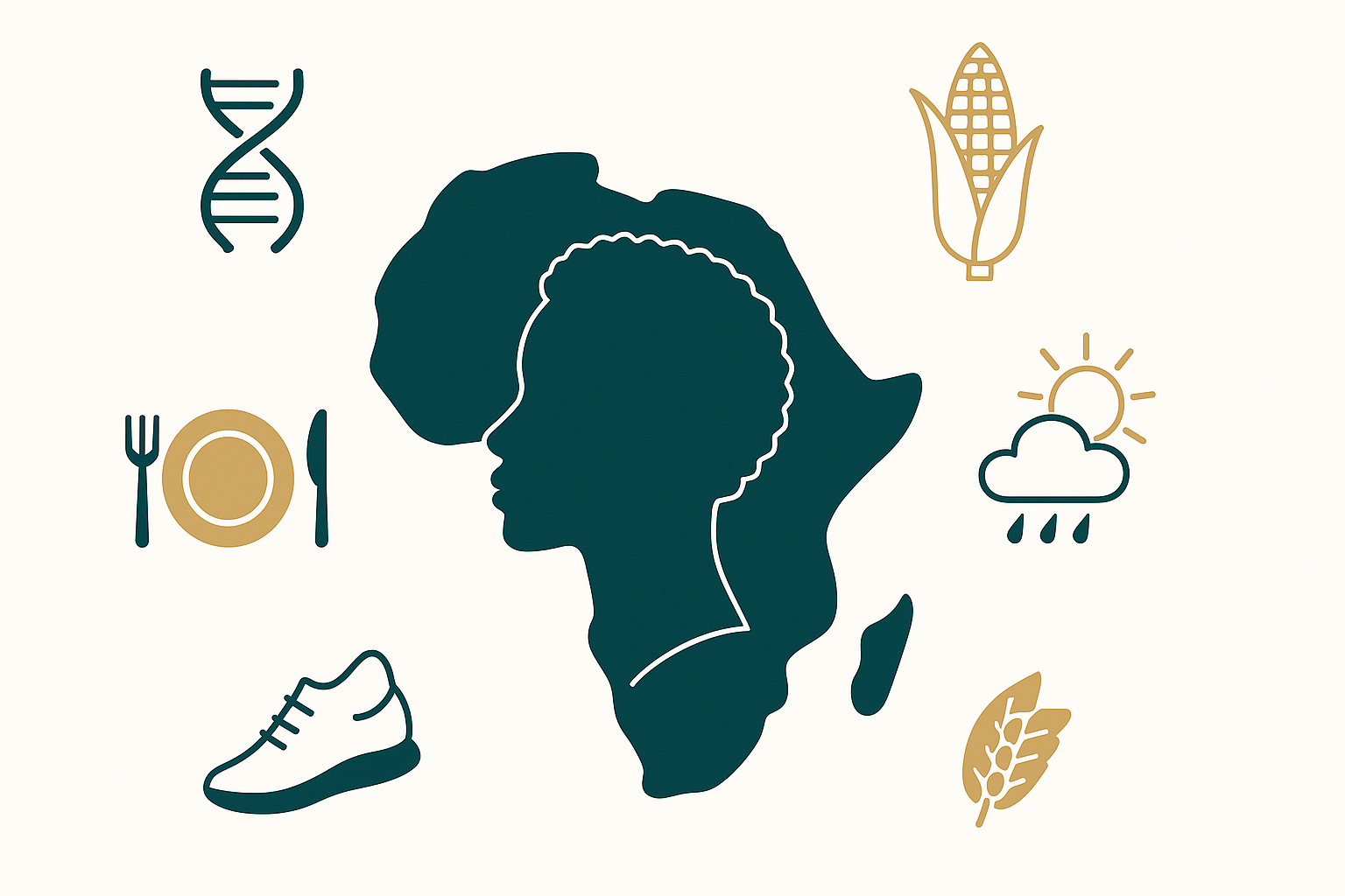 Infographic of African silhouette with icons for genetics, diet, and environment