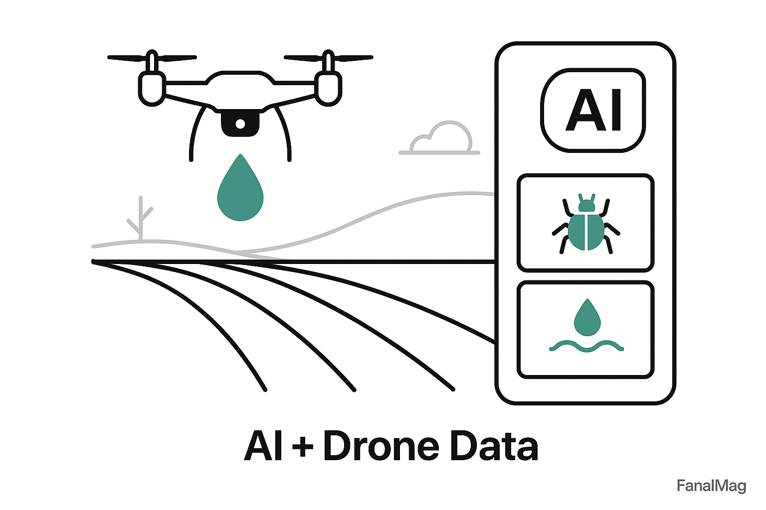 Drone flying over Kenyan farmland with AI panel showing soil moisture, pests, and water stress icons.