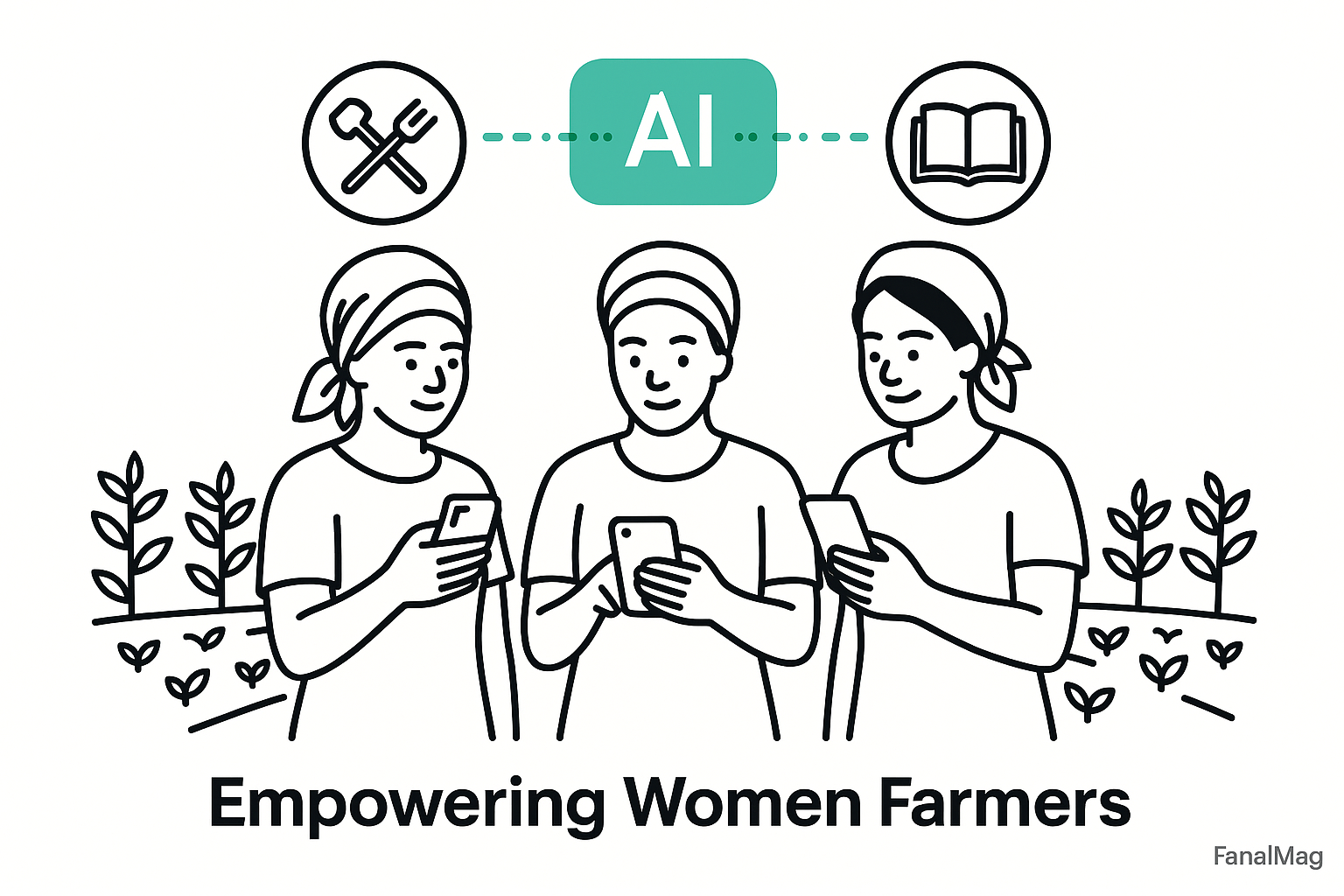 Three Kenyan women farmers standing in a field, each holding a smartphone with an AI advice overlay. Above them are icons of shared tools and a book, connected by teal AI network lines.