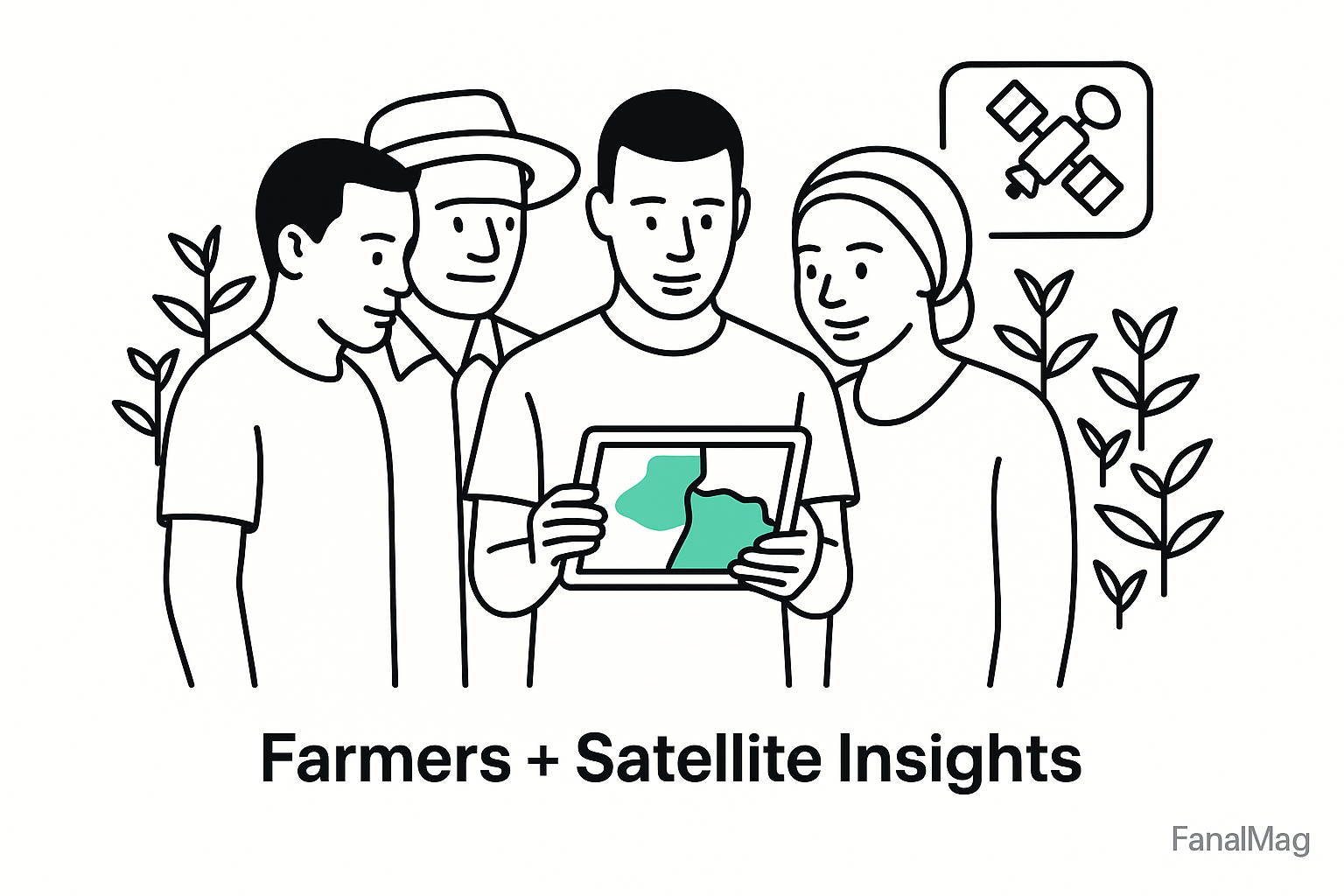 Four Kenyan farmers, including women and youth, standing together and examining a tablet with a satellite map. Tea plants and a satellite icon appear in the background.