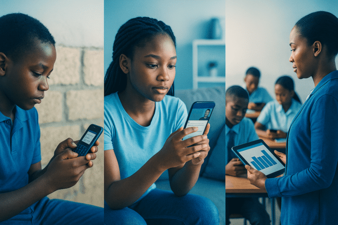 AI in African classrooms across Kenya, Nigeria, and South Africa showing SMS quizzes, mobile video lessons, and adaptive mastery tracking