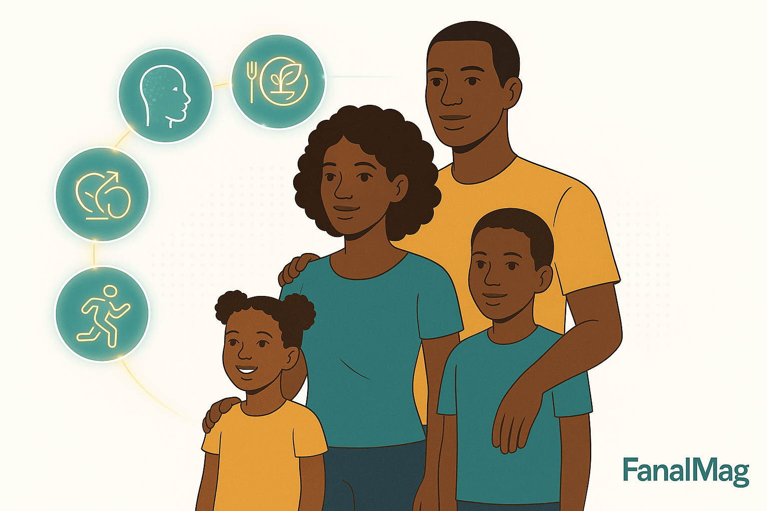 African family surrounded by glowing AI health icons for skin, diet, fitness