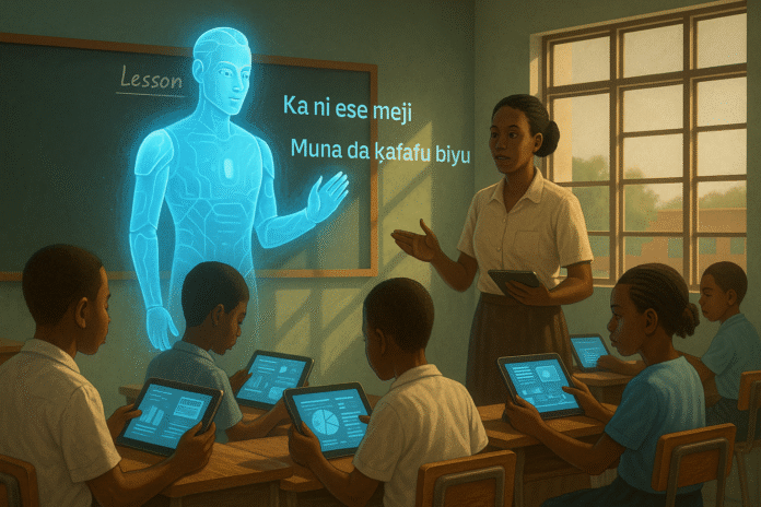 Futuristic Nigerian classroom with AI tutor and human teacher.