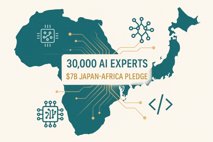 Map of Africa and Japan connected by glowing digital lines with AI icons, highlighting Japan’s $7B pledge to train 30,000 AI experts.