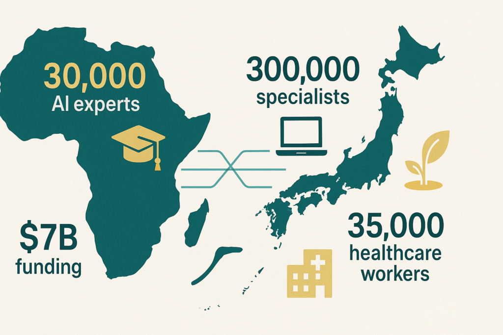 Infographic showing Africa and Japan with key numbers: 30,000 AI experts, $7B funding, 300,000 specialists, and 35,000 healthcare workers.