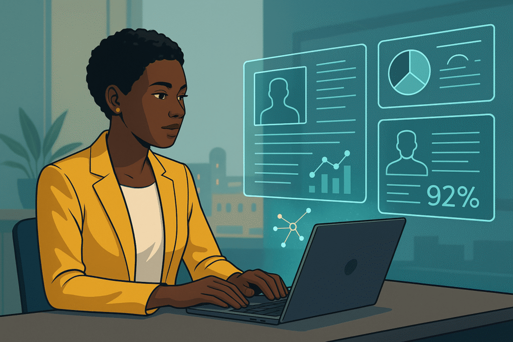 Editorial-style illustration of a young African recruiter at a laptop with AI overlays filtering candidate profiles, resumes, and job match percentages.