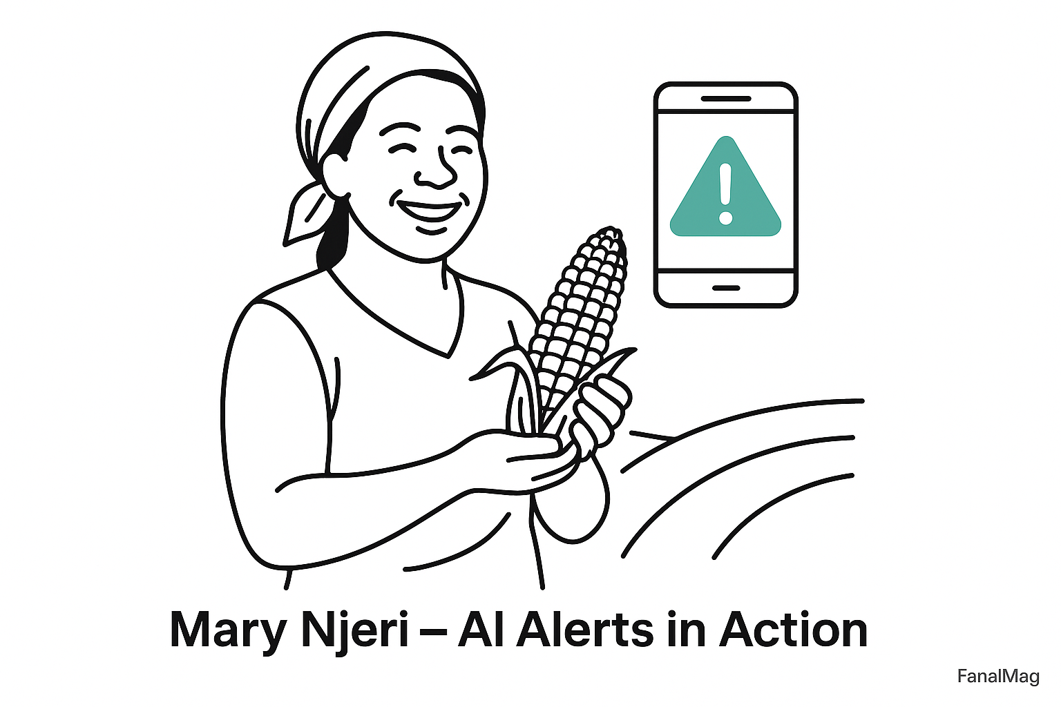 Smiling Kenyan woman farmer holding a maize cob, with a smartphone icon showing an AI alert triangle.