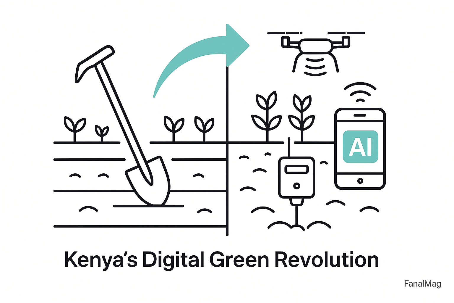 Split farmland illustration showing traditional hoe and crops on the left, contrasted with drones, sensors, and AI smartphone apps on the right.