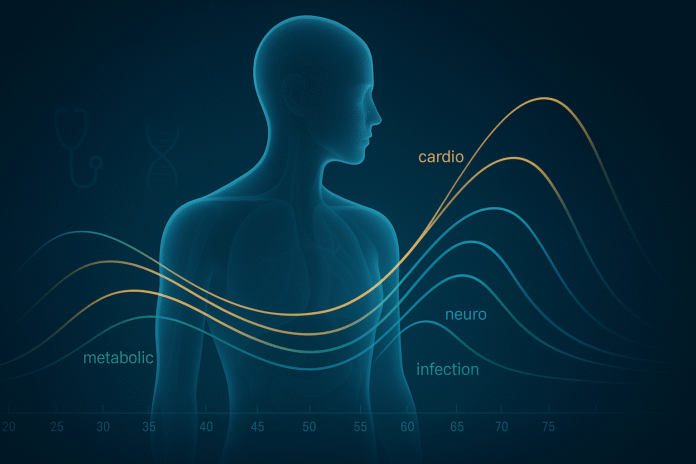 Translucent human figure over probability curves showing disease risk across a lifetime.