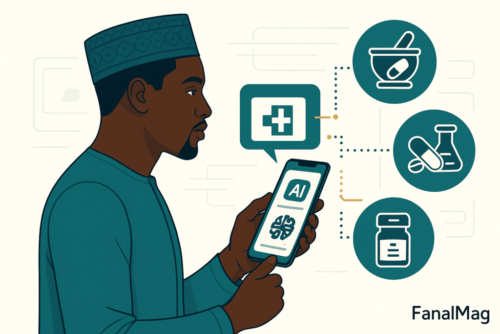 Nigerian patient using mobile health app with telemedicine, pharmacy, and lab icons.