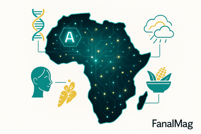 Futuristic illustration of Africa with AI wellness icons (DNA, skin, diet, climate).