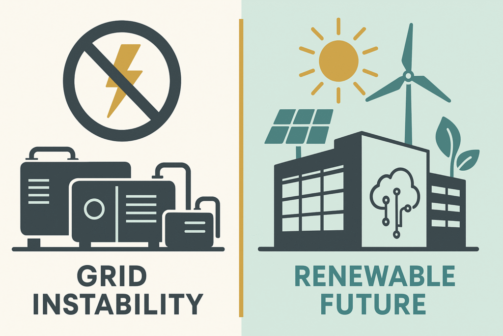 Split infographic showing diesel generators and outage icons labeled “Grid Instability” on the left, and a renewable-powered data centre with solar panels and wind turbine labeled “Renewable Future” on the right.
