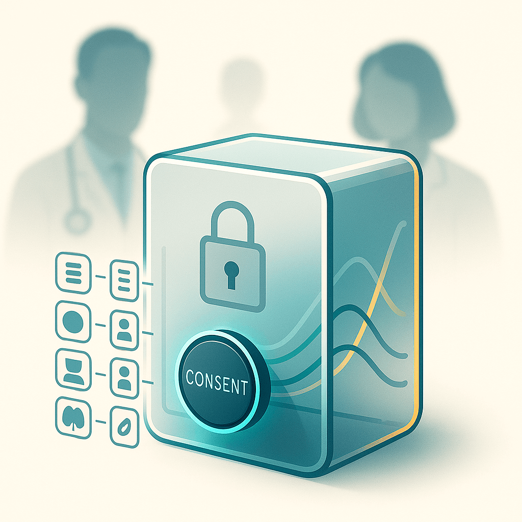 Stylized data vault and consent control symbolizing privacy in medical AI.