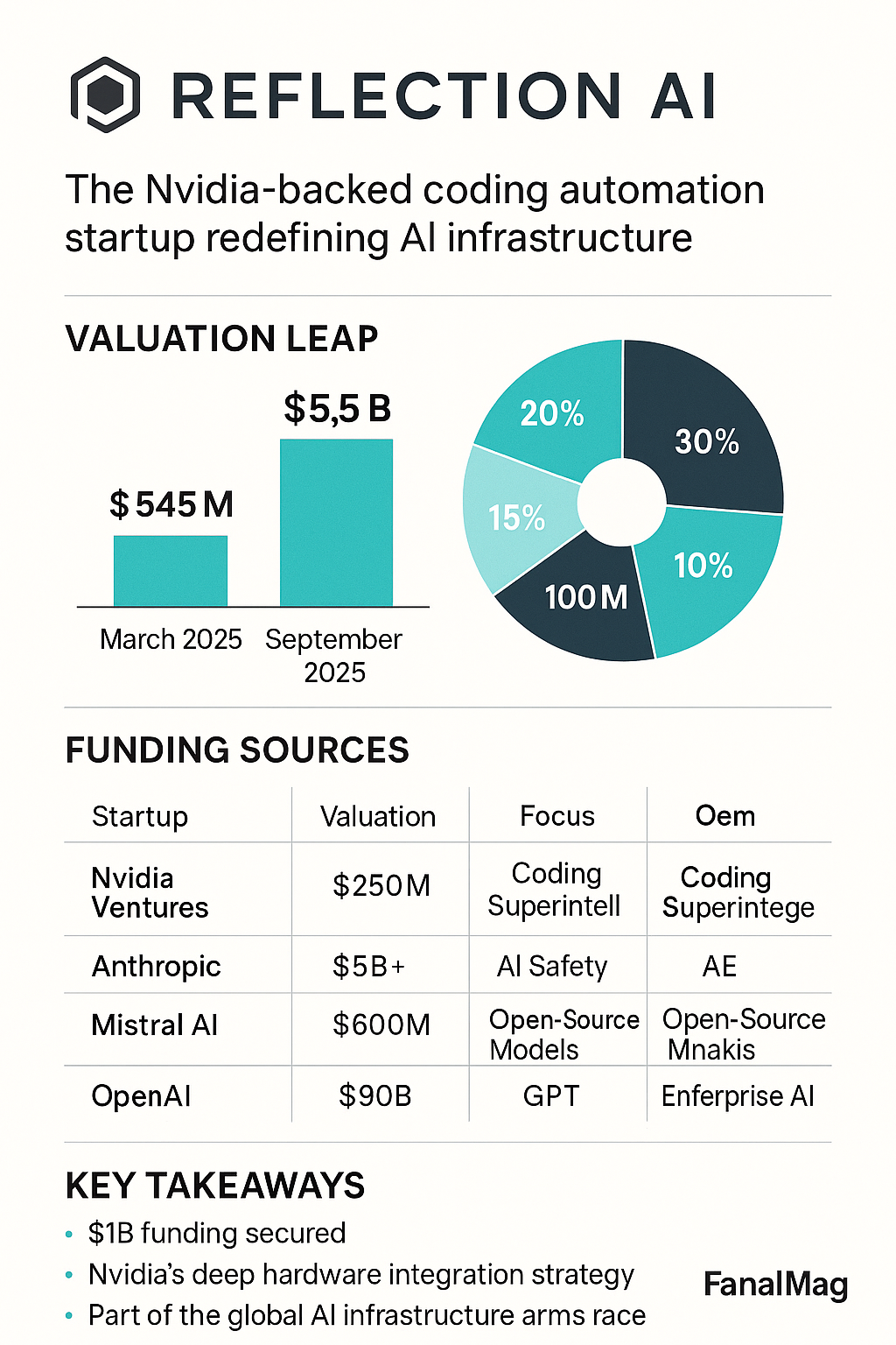 Infographic showing Reflection AI’s $5.5B valuation leap, funding sources, and competitors in the AI infrastructure race