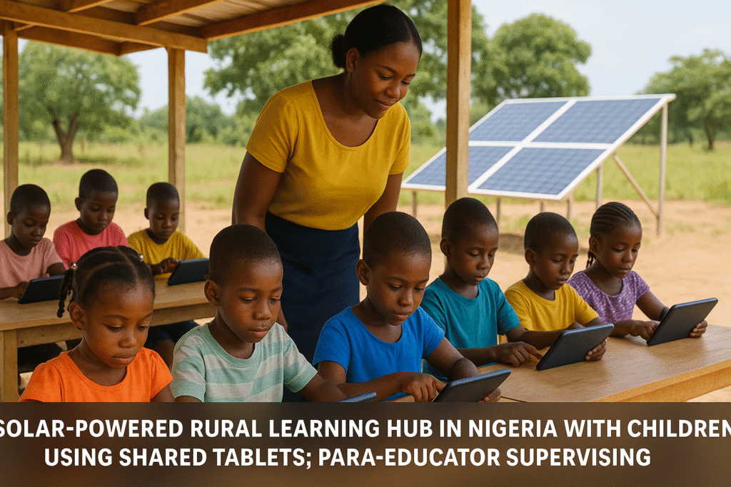 Nigerian children using tablets in a solar-powered blended learning hub.
