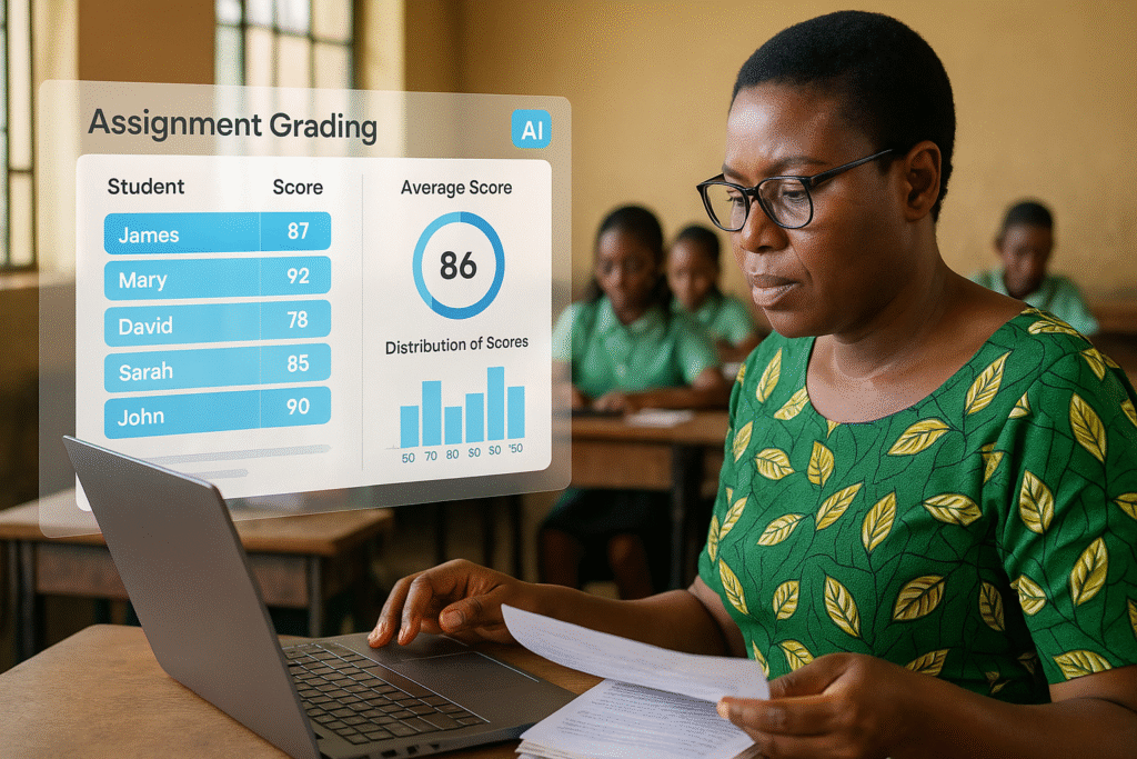 Teacher using AI-assisted grading dashboard in a Nigerian classroom.