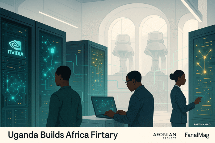 Futuristic illustration of Uganda’s NVIDIA-powered AI factory running on Karuma hydropower.