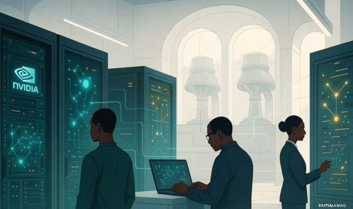 Futuristic illustration of Uganda’s NVIDIA-powered AI factory running on Karuma hydropower.