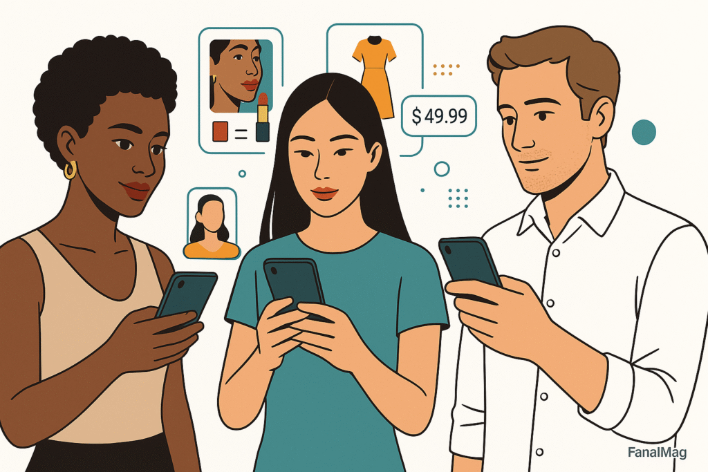 Diverse shoppers using AI-powered virtual try-on apps for makeup and clothing previews.