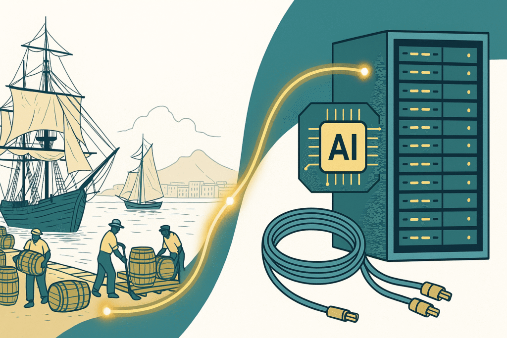 Split illustration showing 19th-century African seaport with ships and workers on the left, and a modern AI-ready data centre with servers and fiber cables on the right, connected by a glowing digital trade route