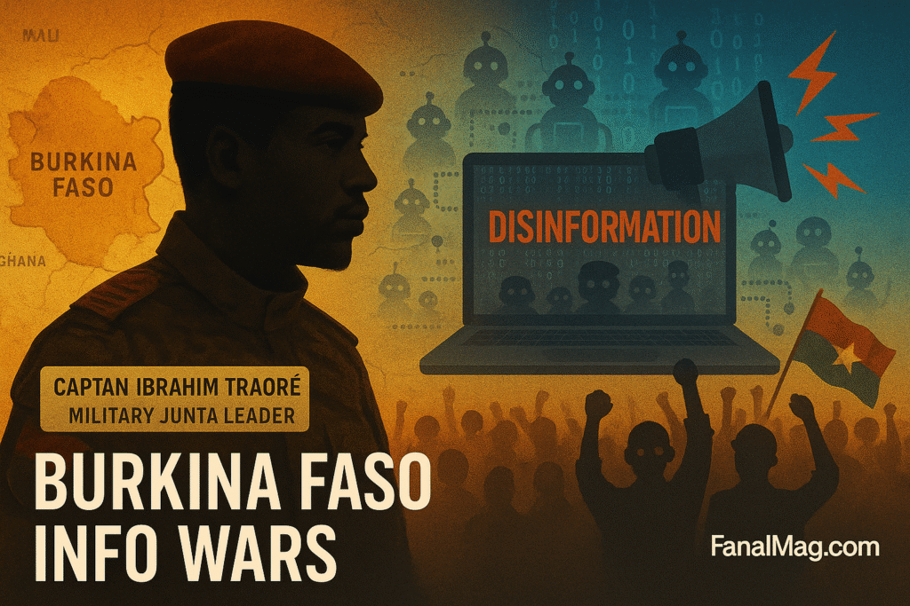 Burkina Faso map with Traoré silhouette, laptop reading “Disinformation,” megaphone, and crowd symbolizing state-aligned narrative control.