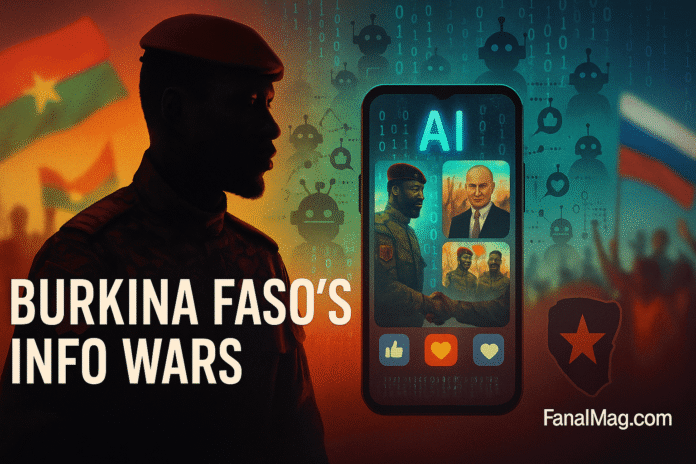 AI propaganda in Burkina Faso shown as a phone feed of deepfakes, bot swarms, and Traoré silhouette amid Burkina and Russia flags.