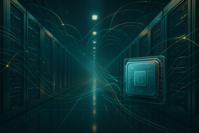 Futuristic data-center canyon with translucent circuit arcs and a hovering AI-accelerator die, symbolizing massive GPU compute capacity.