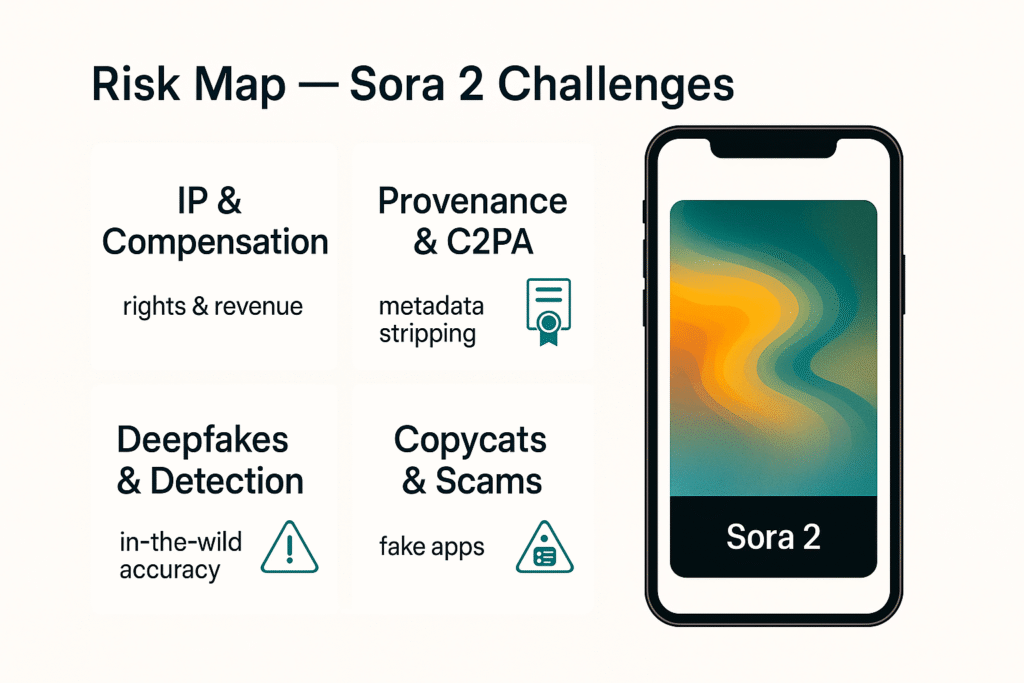 Risk map of Sora 2 challenges showing IP & compensation, provenance/C2PA, deepfakes/detection, and copycats/scams beside a phone mock.