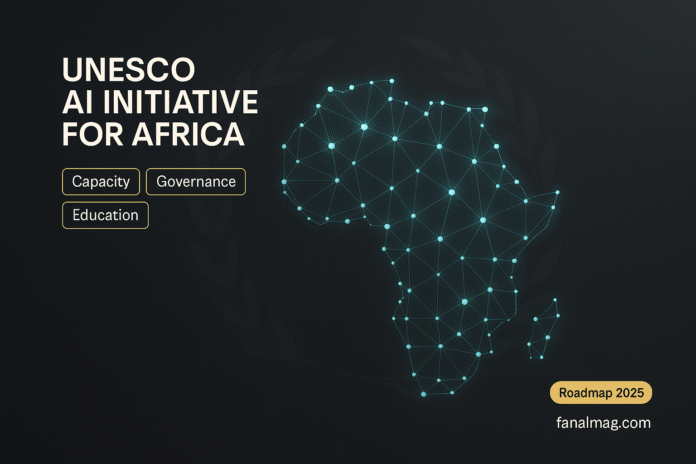 Africa network map in teal and gold illustrating UNESCO’s AI Initiative for Africa