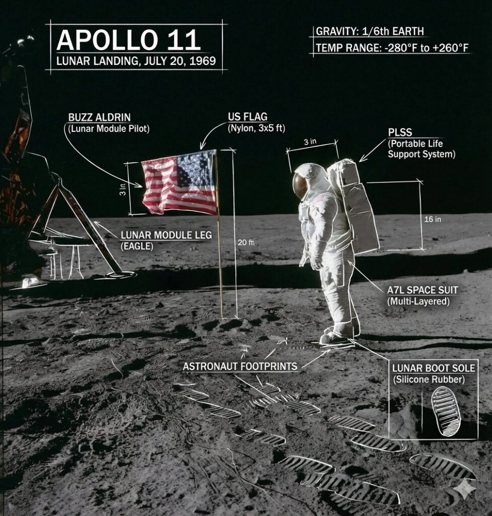 Annotated photograph of Buzz Aldrin standing on the moon during the Apollo 11 mission, showing labeled elements such as the lunar module, US flag, astronaut footprints, space suit layers, and environmental conditions like gravity and temperature.