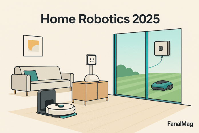 Minimalist living room showing robot vacuum, telepresence bot, window cleaner on glass, and lawn mower outside.