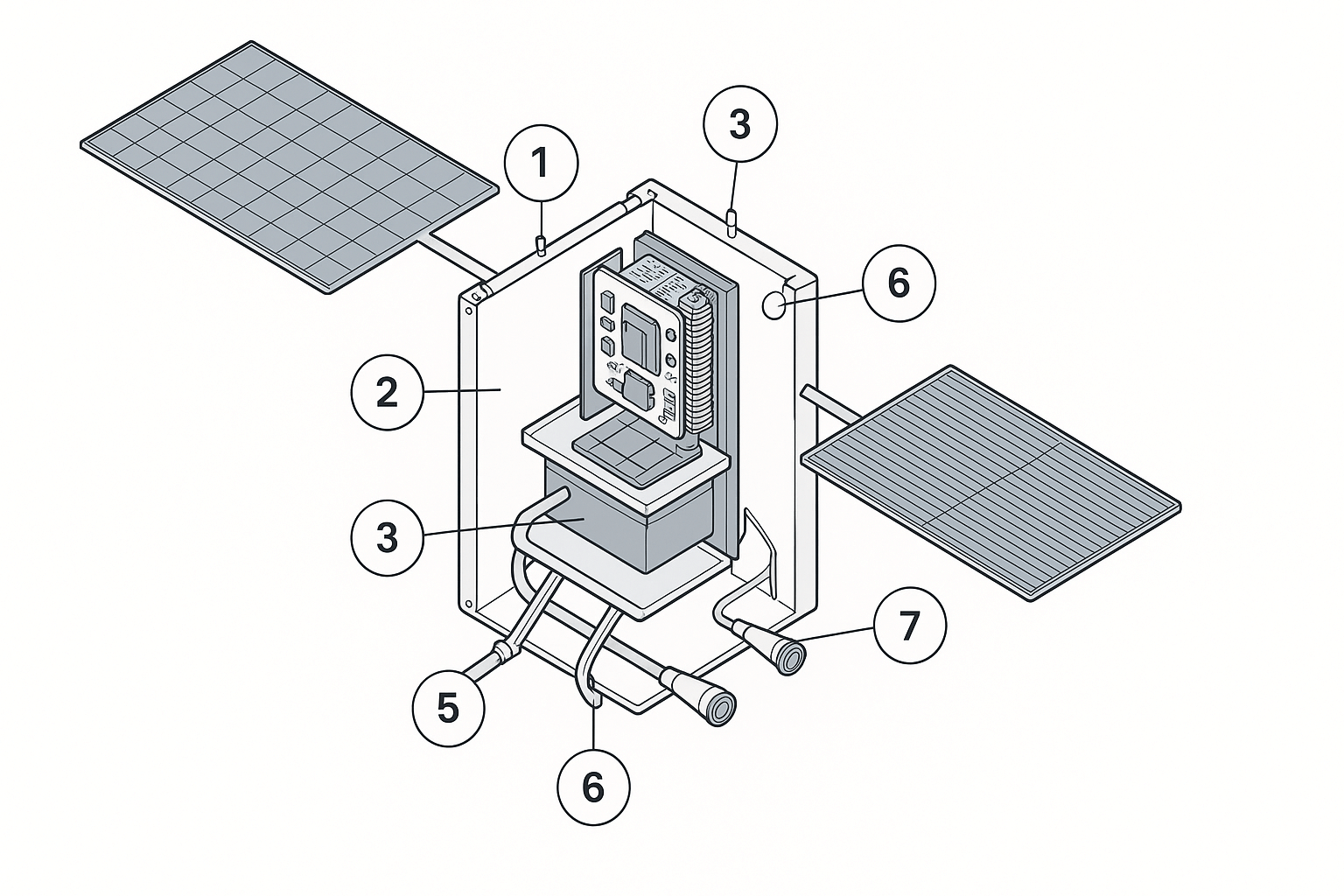Cutaway diagram of a Suncatcher satellite showing solar arrays, power electronics, TPU + HBM module, heat pipes, radiator fins, and laser terminals