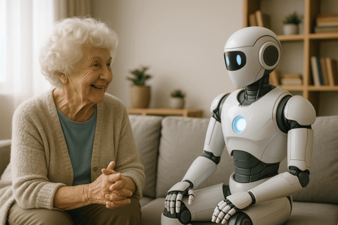 Elderly woman calmly interacting with a subtle AI interface at home