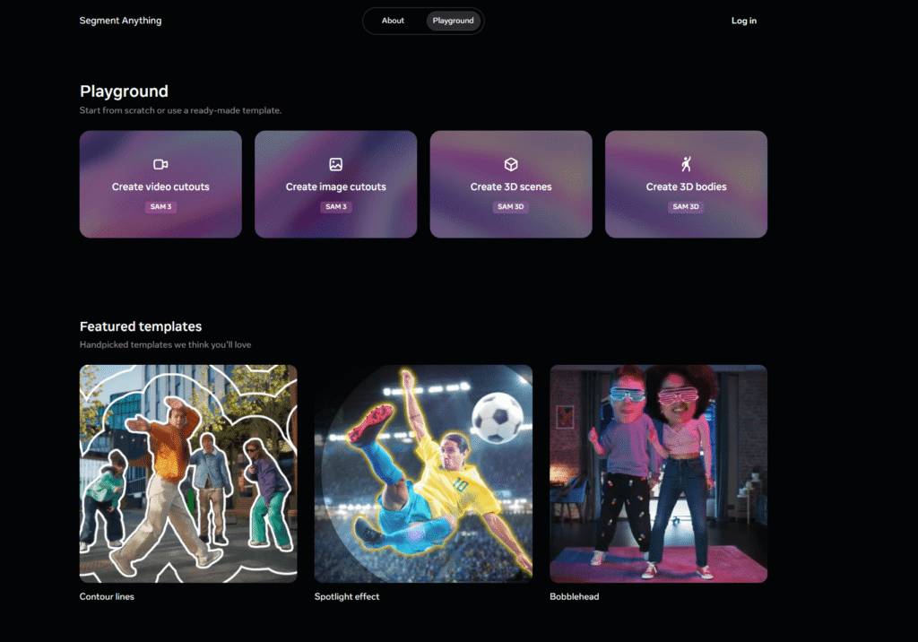 Screenshot of Meta’s Segment Anything Playground interface showing options for image cutouts, video cutouts and 3D reconstruction templates including SAM 3 and SAM 3D.