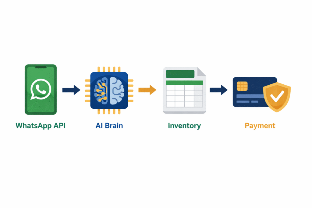 Infographic illustrating the 4-step automation workflow: WhatsApp API, AI Brain, Google Sheets Inventory, and Mobile Money Payment.